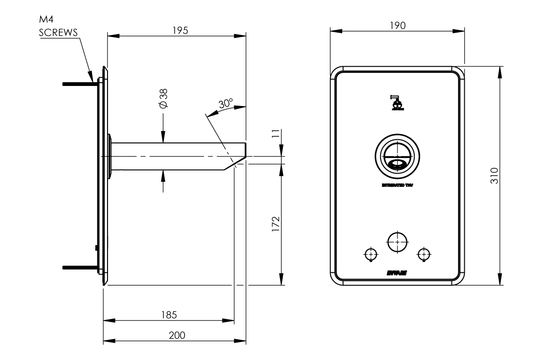 Aquablend eSQX MK2 Touch-Free Auto Sense Point-of-Use Thermostatic Wall Mixer with 200mm Spout 4/6Lpm Laminar Mains/Battery - Front of Wall Component