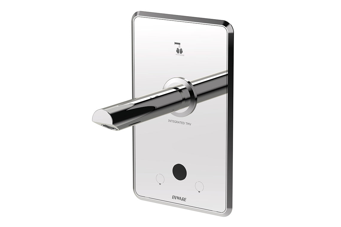 Aquablend eSQX MK2 Touch-Free Auto Sense Point-of-Use Thermostatic Wall Mixer with 200mm Spout 4/6Lpm Laminar Mains/Battery - Front of Wall Component