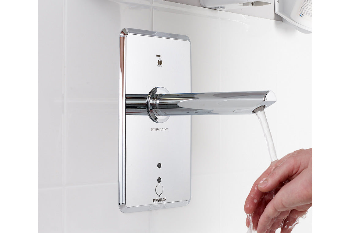 Aquablend: eSQX - Touch-Free - Auto Sense Point-of-Use Thermostatic Wall Mixer - Front of Wall Component - 12V Mains - 200mm Spout