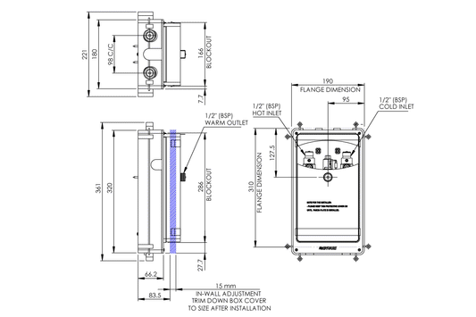 Aquablend: eSQX - Touch-Free - On Demand Sensor - Point-of-Use Thermostatic Wall Mixer - Back of Wall - Mains