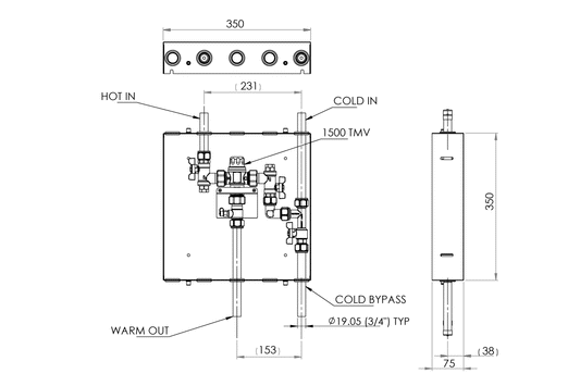 Aquablend: 1500 TMV - Lift Lever Thermal Flush - 350x350 SS Cabinet - HW/CW Inlets at Top BYPASS/WW Pipes at Bottom - No Lid