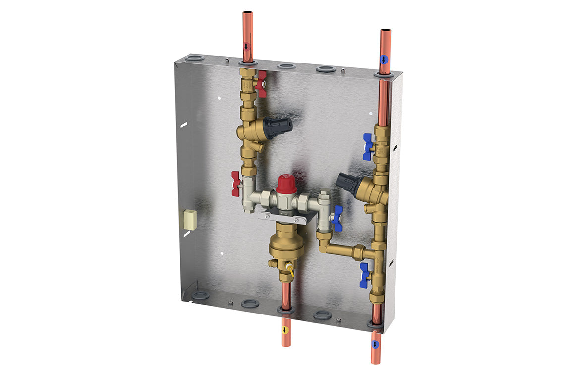 Aquablend 1500 TMV - Lift Lever Thermal Flush - in 430x500 SS Cabinet - HW/CW Inlets at Top. CW BYPASS/WW Pipes at Bottom and PRVs on inlets - Smart Flow - No Lid
