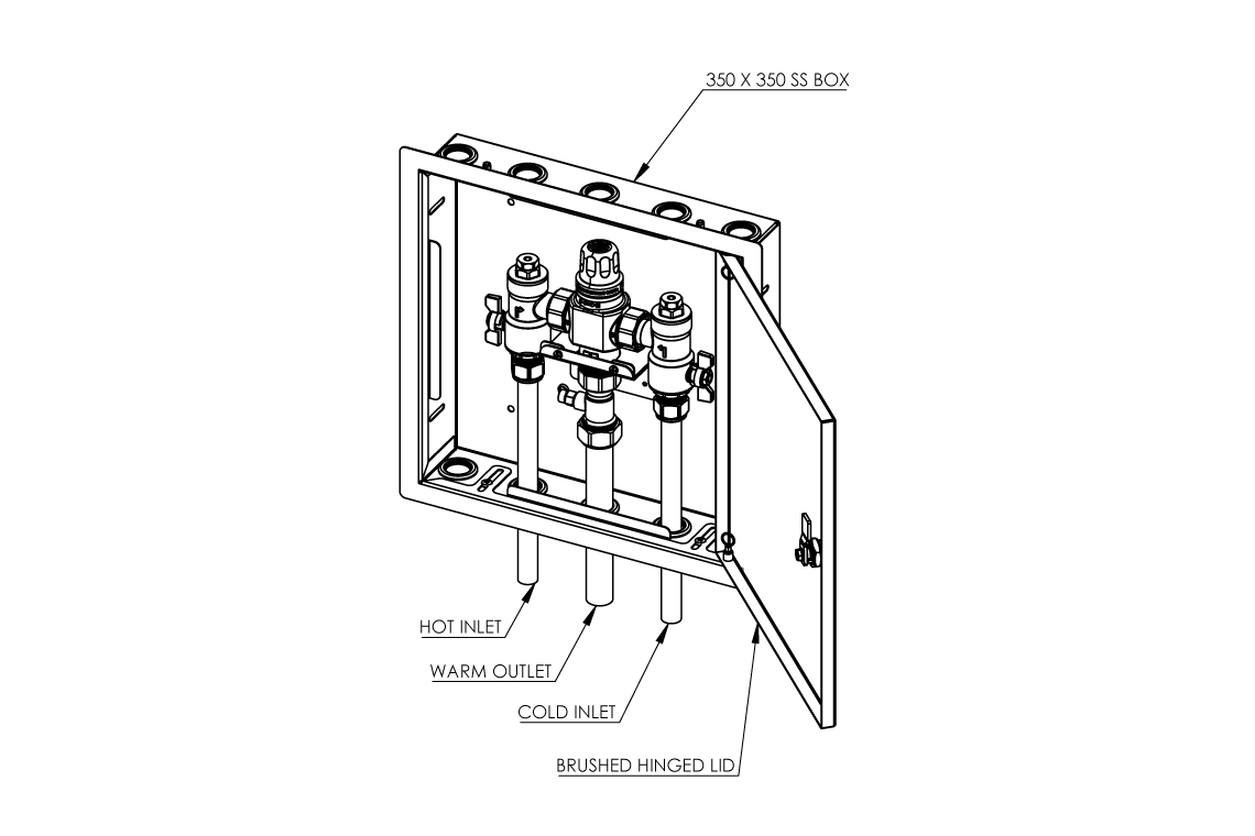 Aquablend 2500 Megamix TMV in Stainless Steel Hinged Lid Cabinet 20mm Inlet/25mm Outlet Tails