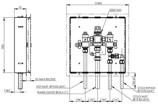 Aquablend 2500 Megamix TMV with CW bypass in Stainless Steel Hinged Lid Cabinet 20mm Inlet/Bypass/25mm Outlet Tails