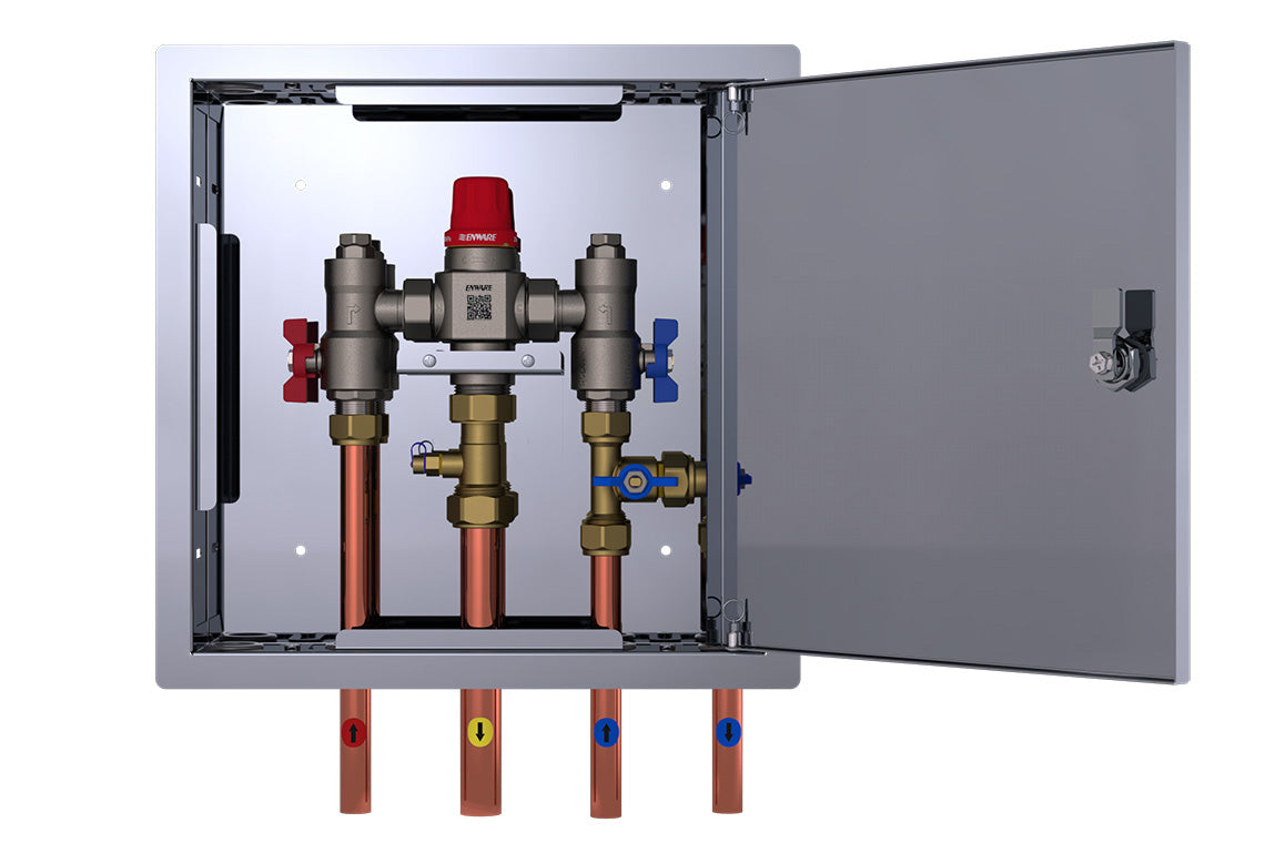 Aquablend 2500 Megamix TMV with CW bypass in Stainless Steel Hinged Lid Cabinet 20mm Inlet/Bypass/25mm Outlet Tails