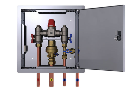 Aquablend 2500 Megamix  Smartflow TMV with CW bypass in Stainless Steel Hinged Lid Cabinet 20mm Inlet/Bypass/25mm Outlet Tails