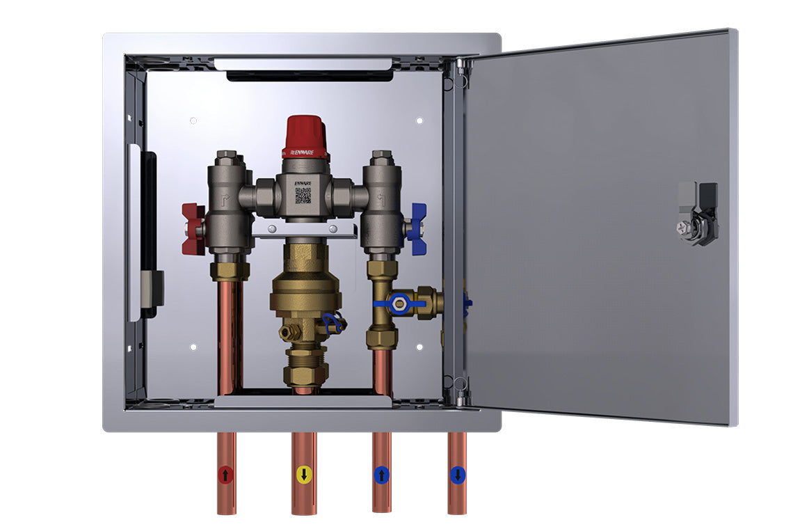 Aquablend 2500 Megamix Smart Flow TMV with CW bypass in Stainless Steel Hinged Lid Cabinet 20mm Inlet/Bypass/25mm Outlet Tails