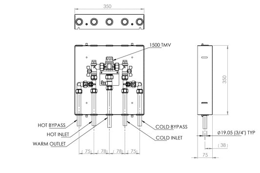 Aquablend 1500 TMV - Lift Lever Thermal Flush - 350x350 SS cabinet - HW/CW/CW + HW BYPASS/WW Pipes at Bottom - No Lid