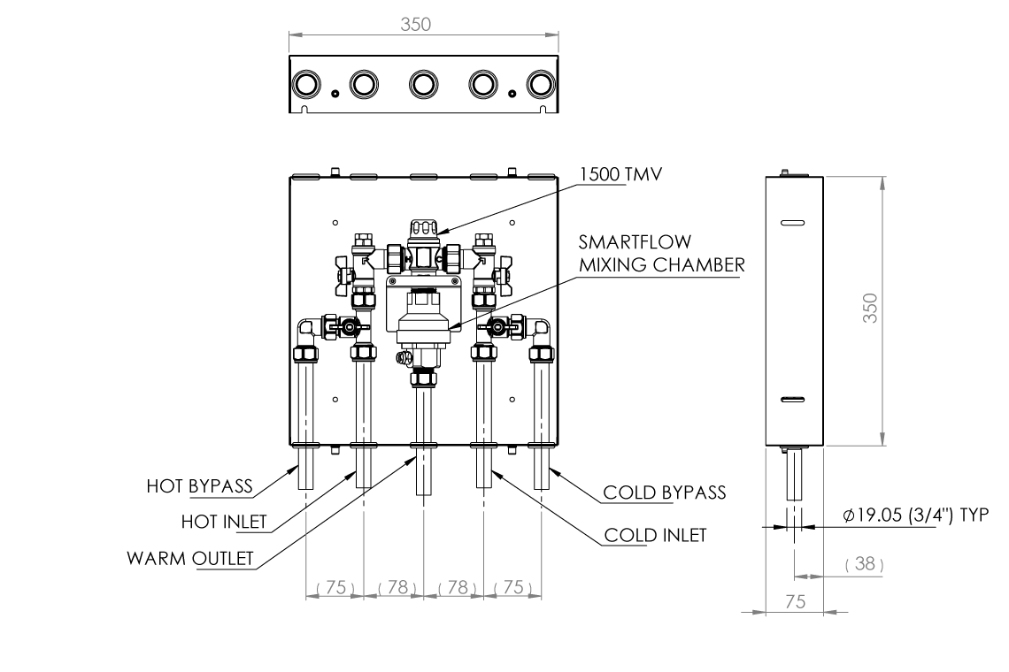 Aquablend 1500 TMV Lift Lever Thermal Flush 350x350 SS Cabinet - HW/CW/CW+HW Bypass/WW Pipes at Bottom - with No Lid - Smartflow Enabled