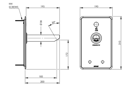 Aquablend eSQX MK2 Touch-Free On Demand Point-of-Use Thermostatic Wall Mixer with 200mm Spout 4/6Lpm Laminar Mains/Battery - Front of Wall Component