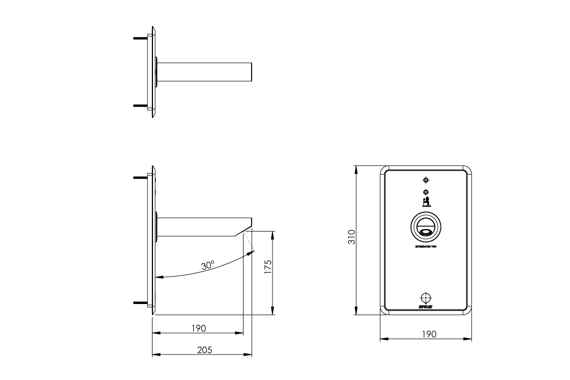 Aquablend: eSQX - Touch-Free - On Demand Sensor Point-of-Use Thermostatic Wall Mixer - Front of Wall Component - 12V Mains - 200mm Spout