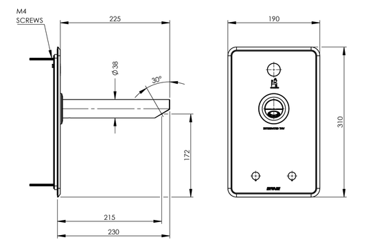 Aquablend eSQX MK2 Touch-Free On Demand Point-of-Use Thermostatic Wall Mixer with 230mm Spout 4/6lpm Laminar Mains/Battery - Front of Wall Component