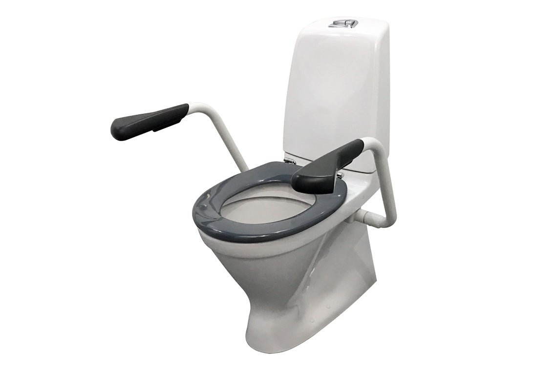 Care 720 Raised Height Toilet, S Trap, Single Flap Grey Care Seat, White Support Arms