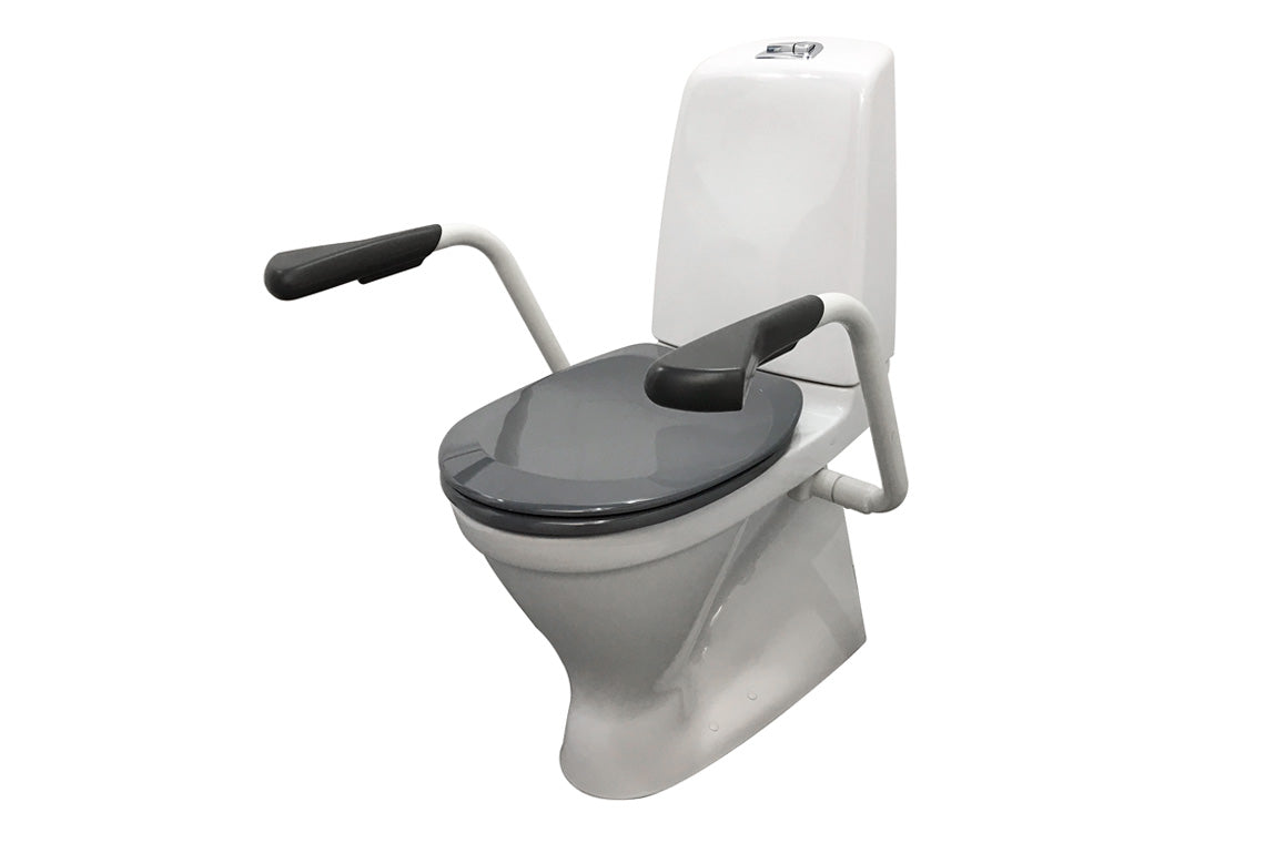 Care 720 Raised Height Toilet, S Trap, Double Flap Grey Care Seat, White Support Arms