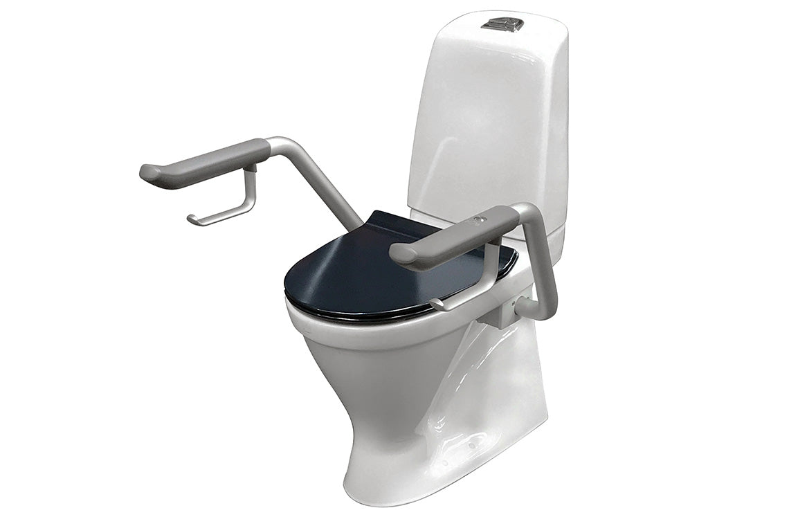 Care 721 Raised Height Toilet, S Trap, Double Flap Blue Soft Close Seat, Grey Support Arms