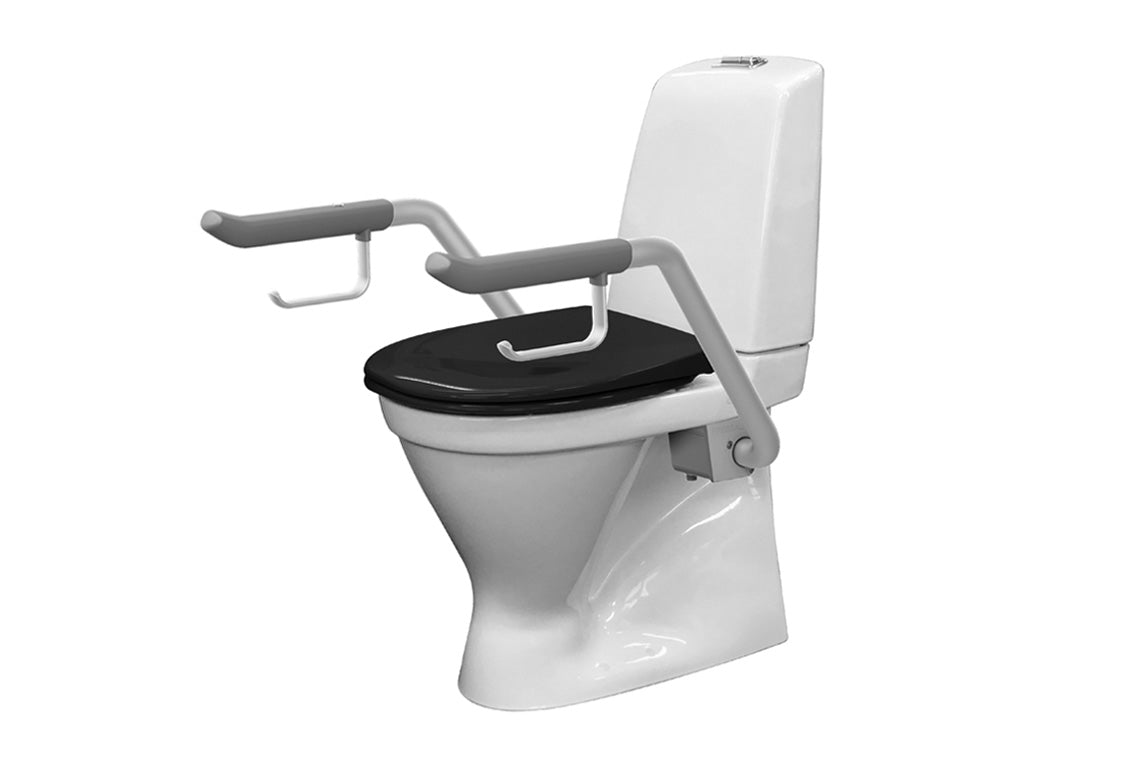 Care 721 Raised Height Toilet, S Trap, Double Flap Black Soft Close Seat, Grey Support Arms