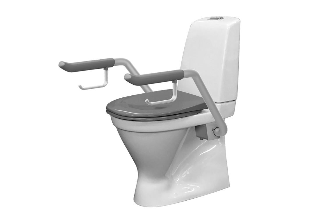 Care 7211: Raised height toilet, S Trap, Raised dual flush button, grey soft close seat, grey support arms, Nurse call button