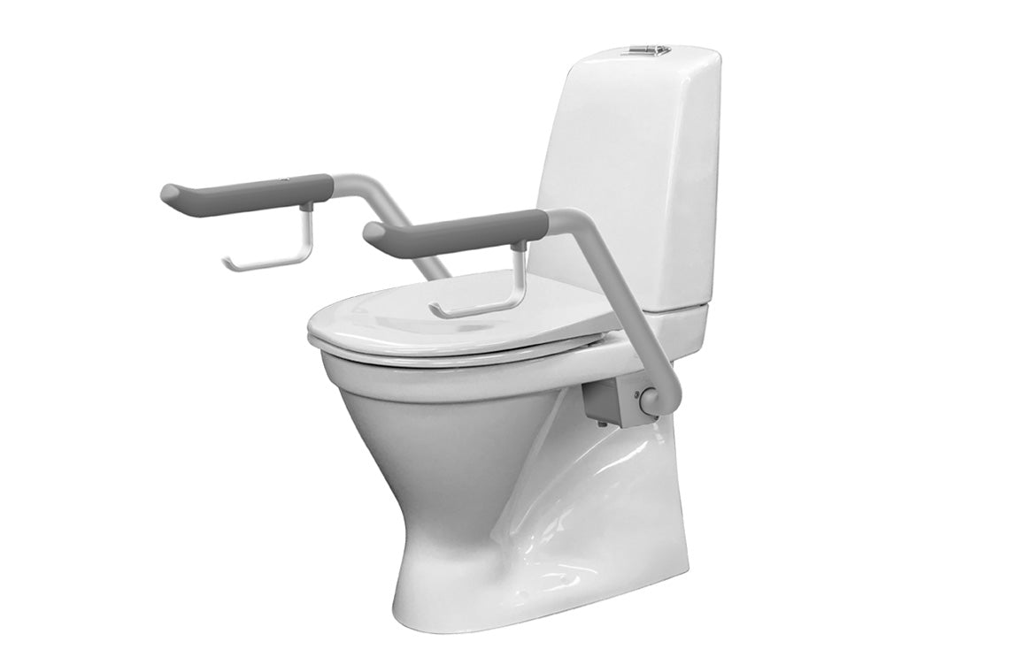 Care 721 Raised Height Toilet, S Trap, Double Flap White Soft Close Seat, Grey Support Arms