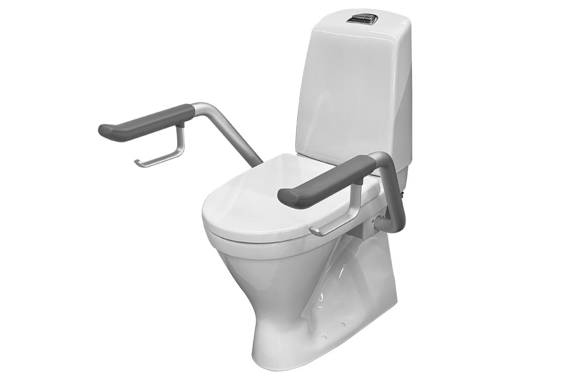 Care 721 Raised Height Toilet, S Trap, Double Flap White Soft Close Seat, Grey Support Arms