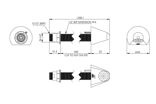 Detention Conical Shower Wall Mounted - Shower Rose with Female 1/2" Inlet - Suit Wall Thickness Up To 280mm