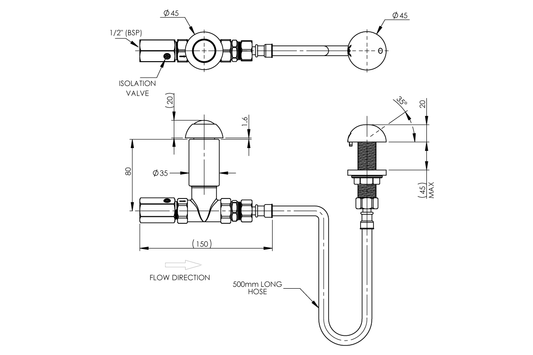 Detention Push Button Basin Control and Outlet Assembly - Straight Body to Suit Spring Action
