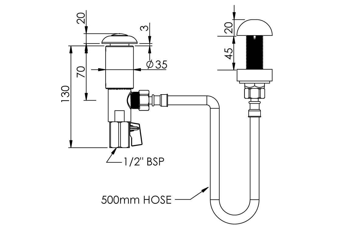 Detention: Push Button Basin Control and Outlet Assembly - Right Angle Body To Suit Spring Action