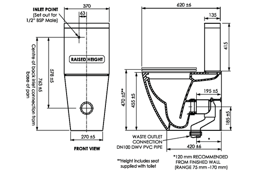 Curve Back to Wall Close-Coupled Toilet Suite - Raised Height