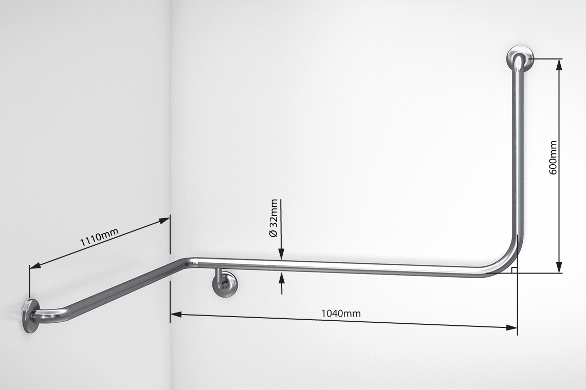 Wellbeing Accessible Toilet Angled Corner Grab Rail with 90 ° Bend - Left Hand - Brushed Stainless Steel