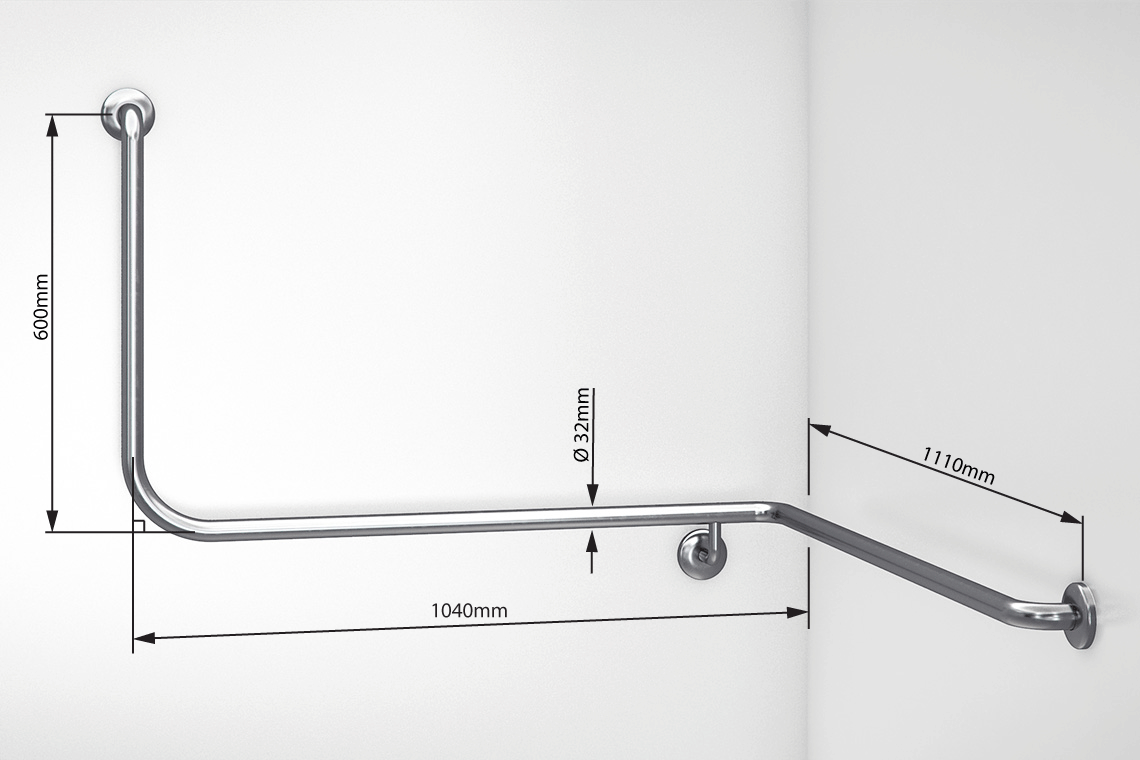 Wellbeing Accessible Toilet Angled Corner Grab Rail with 90 ° Bend - Right Hand - Brushed Stainless Steel