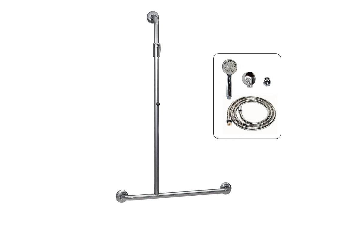 Wellbeing Left Hand T-Shaped Grab Rail Shower Kit - Brushed Stainless Steel