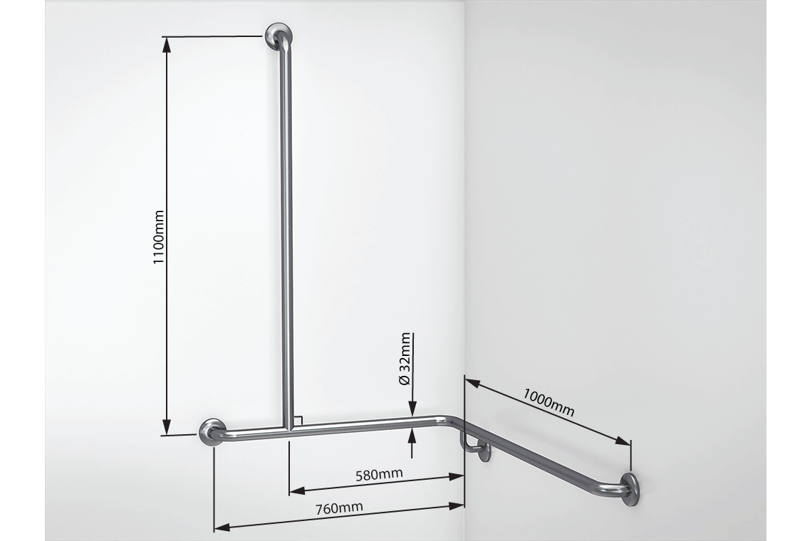 Wellbeing Grab Rail T-Shaped Shower - Corner Grab Rail - Left Hand - Brushed Stainless Steel