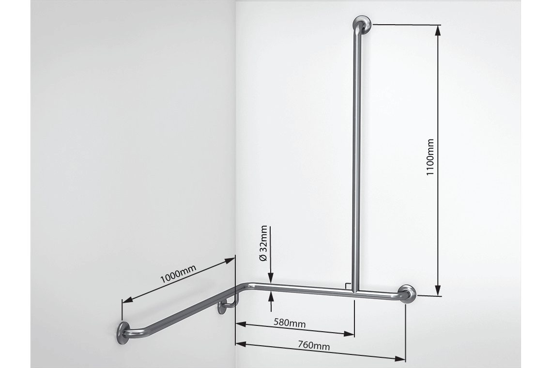 Wellbeing Grab Rail T-Shaped Shower - Corner Grab Rail - Right Hand - Brushed Stainless Steel