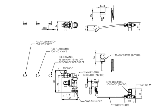 Piezo Operated 90 Degree Dual Flush Valve and Basin Tap with Detention Outlet for Combination Unit