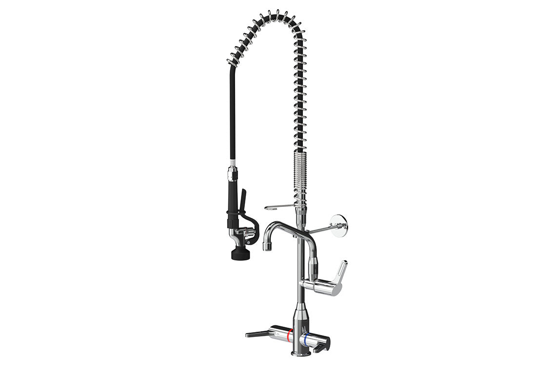 Food Service: Hob Mounted Pre-Rinse Unit with Dual Mixer Assembly and Pot Filler