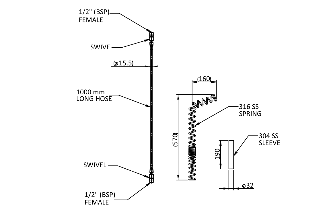 Hose Kit 15mm 1/2" BSP FI Teflon - 1000mm with Spring and Sleeve