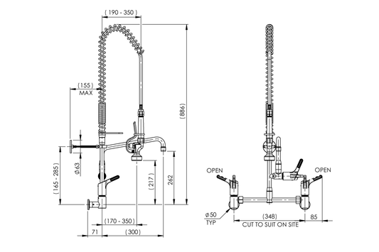 Food Service: Ultra Rinse Pre-Rinse Wall Adjustable Exposed Mixing Set with 300mm Pot Filler