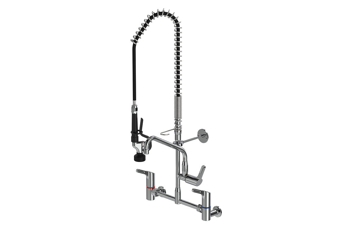 Food Service: Pre Rinse Wall Exposed Mixer Assembly with Pot Filler - Adjustable