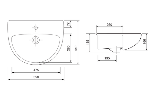 Semi Recessed Round Basin 550mm