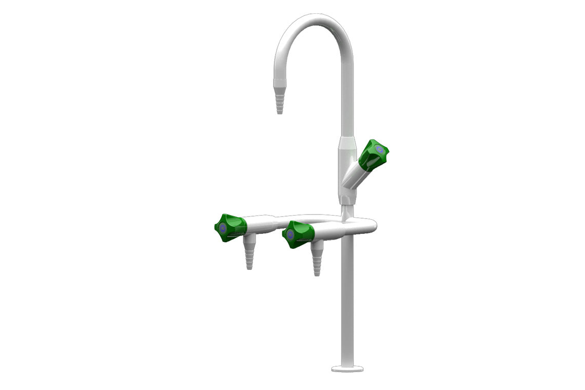 ComLab 3-Way Bench Mounted Laboratory Tap with 2 Bib Outlets and 1 Swivel/Fixed Gooseneck Outlet - Ceramic Disc - Water