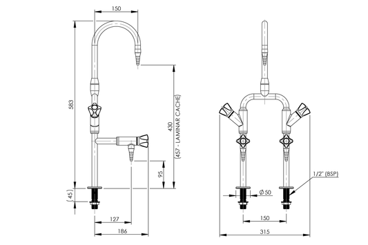 ComLab 3-Way Bench Mounted Laboratory Mixing Set with 2 Bib Outlets and 1 Swivel/Fixed Gooseneck Outlet - Ceramic Disc - Water