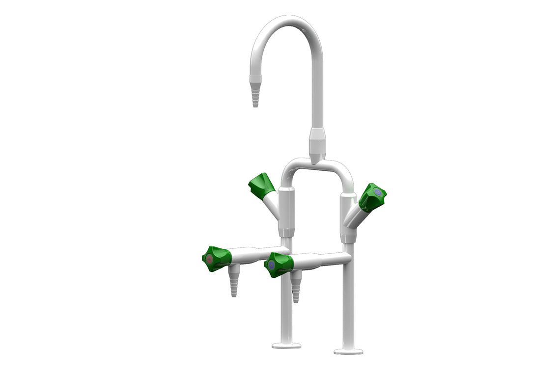 ComLab 3-Way Bench Mounted Laboratory Mixing Set with 2 Bib Outlets and 1 Swivel/Fixed Gooseneck Outlet - Ceramic Disc - Water