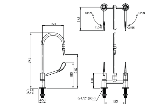 ComLab Bench Mounted Laboratory Mixing Set with Swivel/ Fixed Gooseneck Outlet and Lever Handles - Ceramic Disc - Water