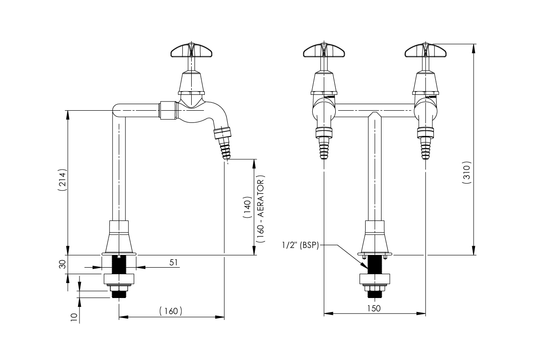 Type 6 2-Way Laboratory Tap Standard with Anti Vandal Aerator/ Tube Nozzle - School Pattern Handle Jumper Valve