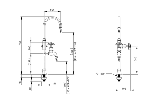 Type 8 2-Way Laboratory Tap Swivel Outlet with Aerated/ Tube Nozzle - School Pattern Handle Jumper Valve