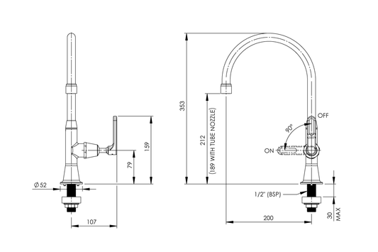 Type 16C7 Laboratory Stop Tap 200mm Swivel and Fixed Outlet Aerated/ Tube Nozzle - Ceramic Disc Lever Handle