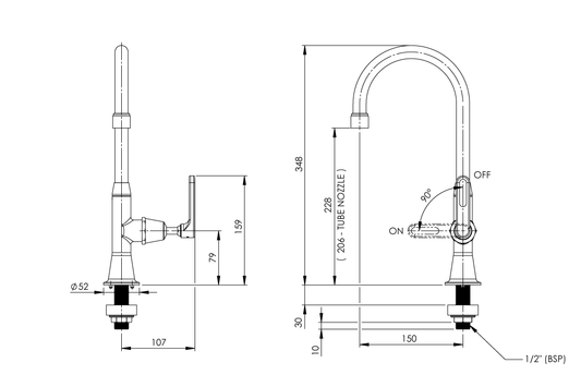 Type 16A Laboratory Stop Tap Swivel and Fixed Outlet Aerated/ Tube Nozzle - Ceramic Disc Lever Handle