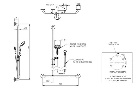 Left Hand T-Grab Rail, Elbow & Adjustable Shower Head Holder