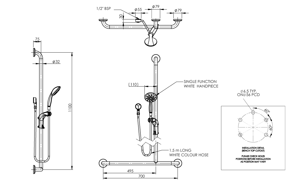 Hand Held Shower - White & Hose - Right Hand Inverted T Stainless Steel Grab Rail