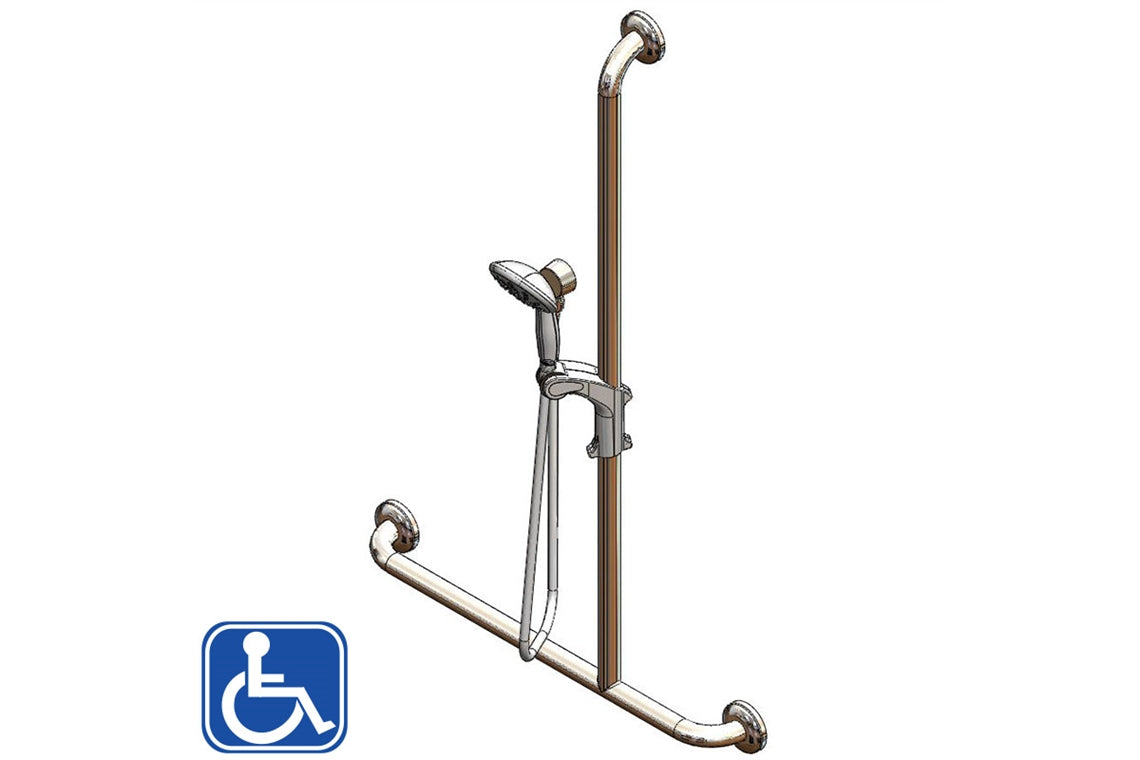 Hand Held Shower - White & Hose - Right Hand Inverted T Stainless Steel Grab Rail