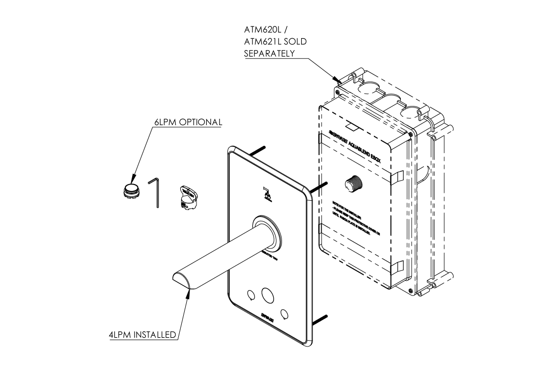 Aquablend eSQX MK2 Touch-Free Auto Sense Point-of-Use Thermostatic Wall Mixer with 200mm Spout 4/6Lpm Laminar Mains/Battery - Front of Wall Component